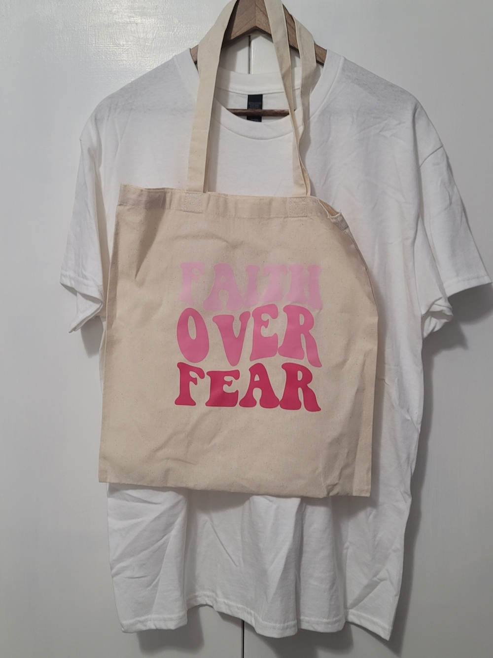 Faith Over Fear Pink Letter Tshirt Set Canvas Tote